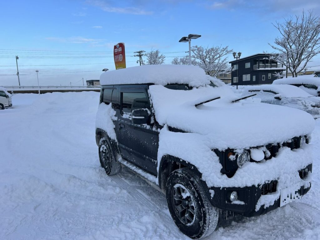 車にたくさん雪が積もった様子